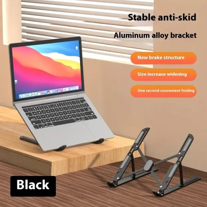 Aluminium Laptop Stand Silver & Black With Detachable Single & Dual Fan Stand For Laptop - 7 Gear To Adjust Height & Anti Slip Rubber Grip - Full Metal Body Adjustable Portable And Foldable Laptop Stand