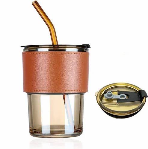 Glass Coffee Mug with premium Leather Strap Handle & White Glass Straw | Heat Resistant | Random Color