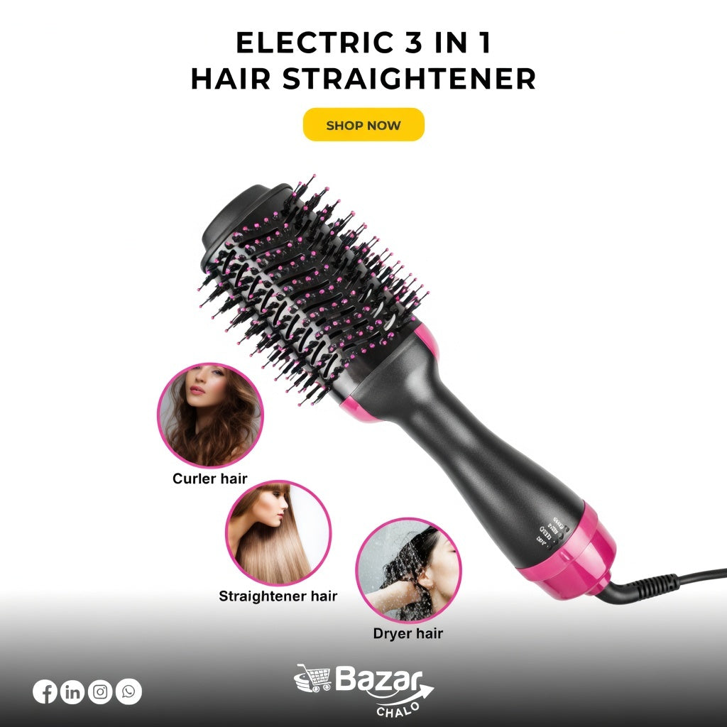 Professional 3 in 1 Hot Air Brush Hair Styling Tool ( Dryer, Styler, Straightener & Curler)