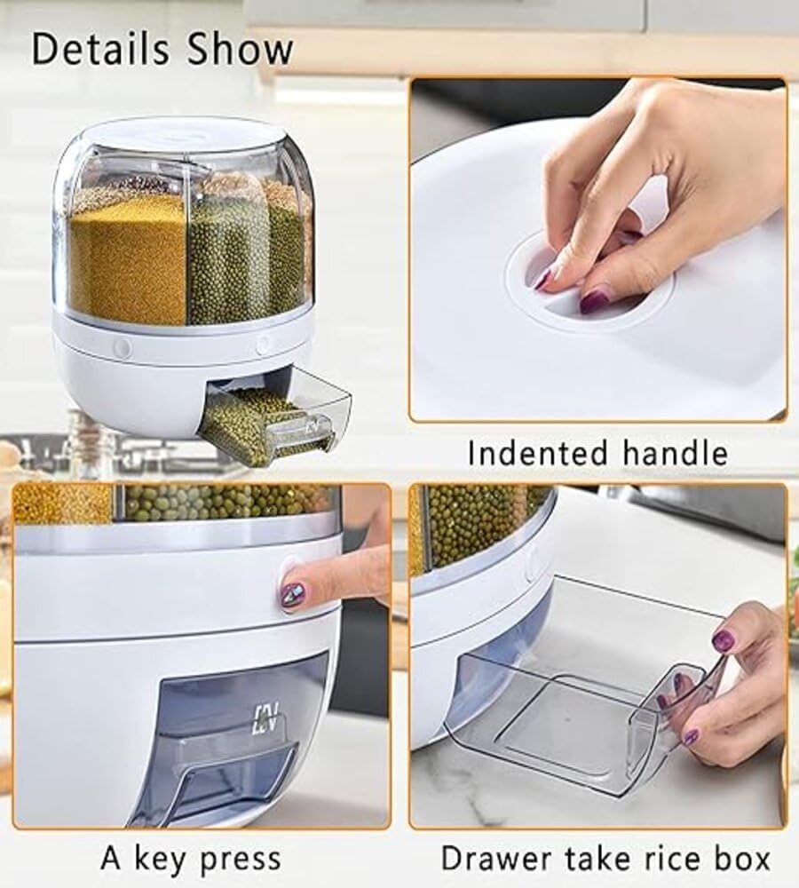 6-Grid Rotating Dry Food Storage Container – Multi-Compartment Grain, Rice & Cereal Dispenser for Kitchen Countertop (Round, Space-Saving Design)