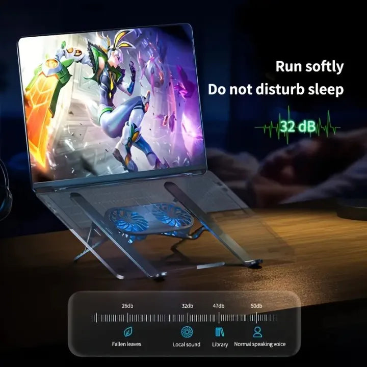 Aluminium Laptop Stand Silver & Black With Detachable Single & Dual Fan Stand For Laptop - 7 Gear To Adjust Height & Anti Slip Rubber Grip - Full Metal Body Adjustable Portable And Foldable Laptop Stand