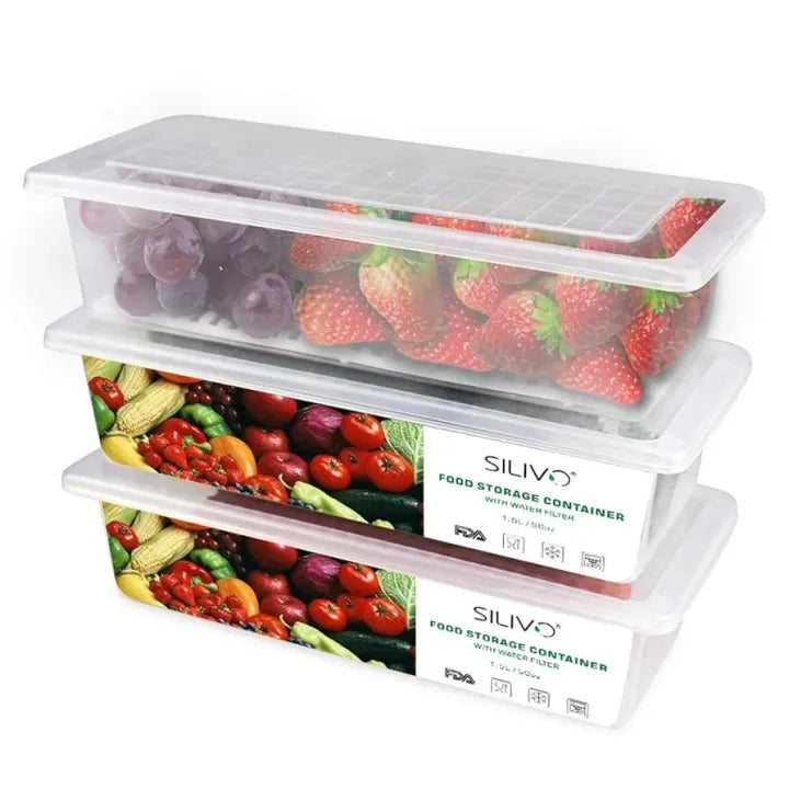 Fridge Food Storage Container Organiser with Removable Drain Tray for Fresh Fruits, Vegetables, Meat & Fish, BPA-Free Plastic