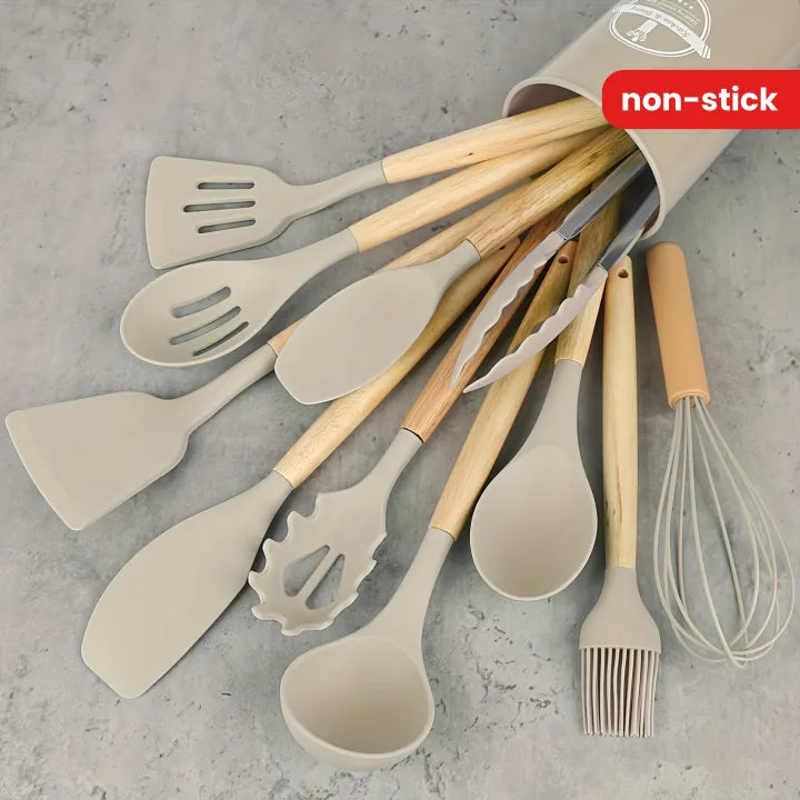 Wooden Handle Premium quality luxury Non-stick silicon spoon 12Pcs/Set Wooden Handle Silicone Kitchen Utensils With Storage Bucket High