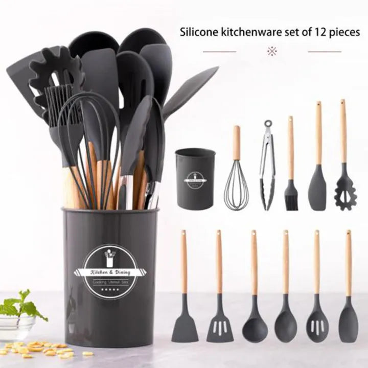 Wooden Handle Premium quality luxury Non-stick silicon spoon 12Pcs/Set Wooden Handle Silicone Kitchen Utensils With Storage Bucket High