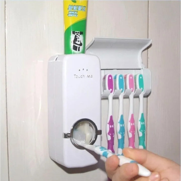 Automatic White Toothpaste Dispenser & Toothbrush Holder Set – Wall Mounted, 5 Brush Capacity