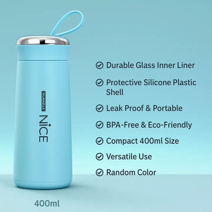 Nice 400ml Glass Water Bottle – Durable Glass Inner Liner with Silicone Plastic Shell | Leak Proof & BPA Free | Portable & Reusable Water Bottle for School, college,office