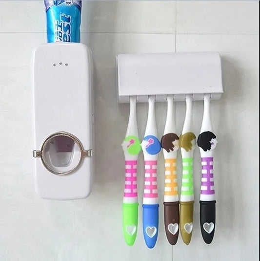 Automatic White Toothpaste Dispenser & Toothbrush Holder Set – Wall Mounted, 5 Brush Capacity