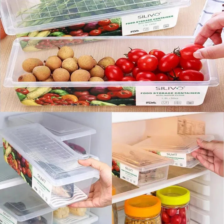 Fridge Food Storage Container Organiser with Removable Drain Tray for Fresh Fruits, Vegetables, Meat & Fish, BPA-Free Plastic