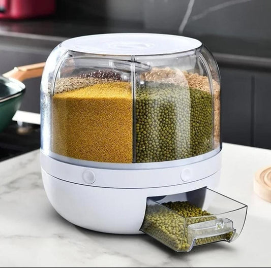 6-Grid Rotating Dry Food Storage Container – Multi-Compartment Grain, Rice & Cereal Dispenser for Kitchen Countertop (Round, Space-Saving Design)