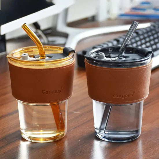 Glass Coffee Mug with premium Leather Strap Handle & White Glass Straw | Heat Resistant | Random Color