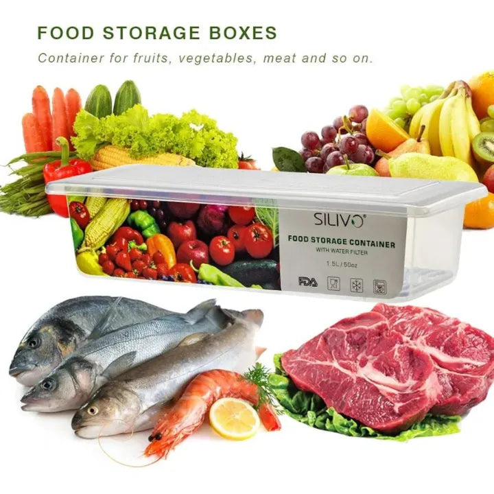 Fridge Food Storage Container Organiser with Removable Drain Tray for Fresh Fruits, Vegetables, Meat & Fish, BPA-Free Plastic