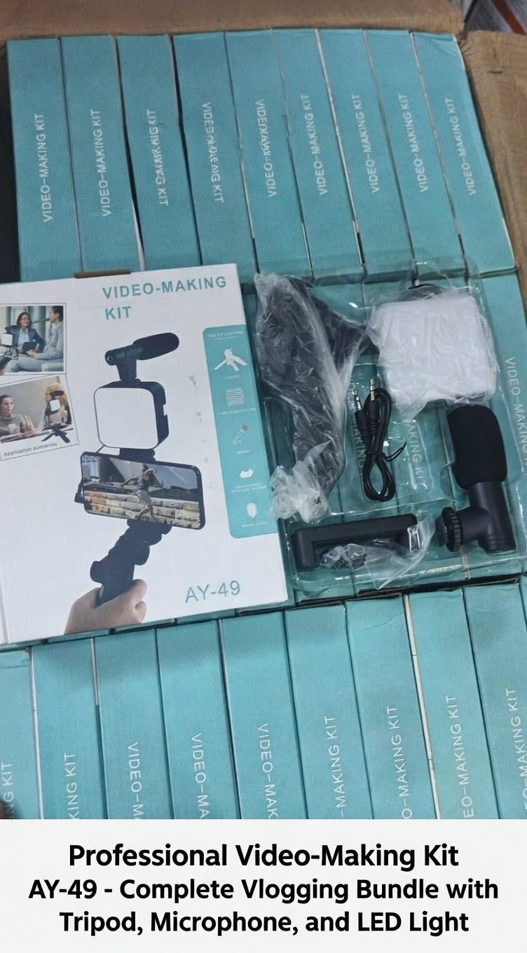 AY-49 Video Making Kit – All-in-One Smartphone Vlogging Bundle for Beginners | Includes Mic, LED Light & Tripod