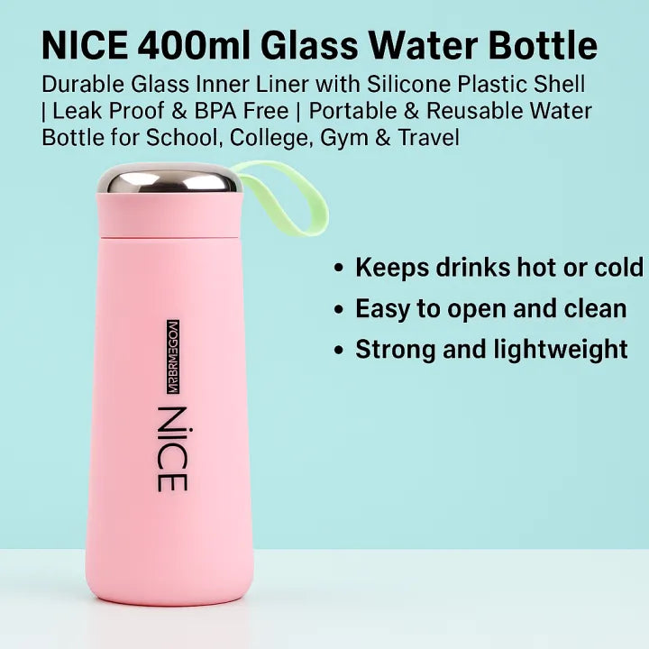 Nice 400ml Glass Water Bottle – Durable Glass Inner Liner with Silicone Plastic Shell | Leak Proof & BPA Free | Portable & Reusable Water Bottle for School, college,office