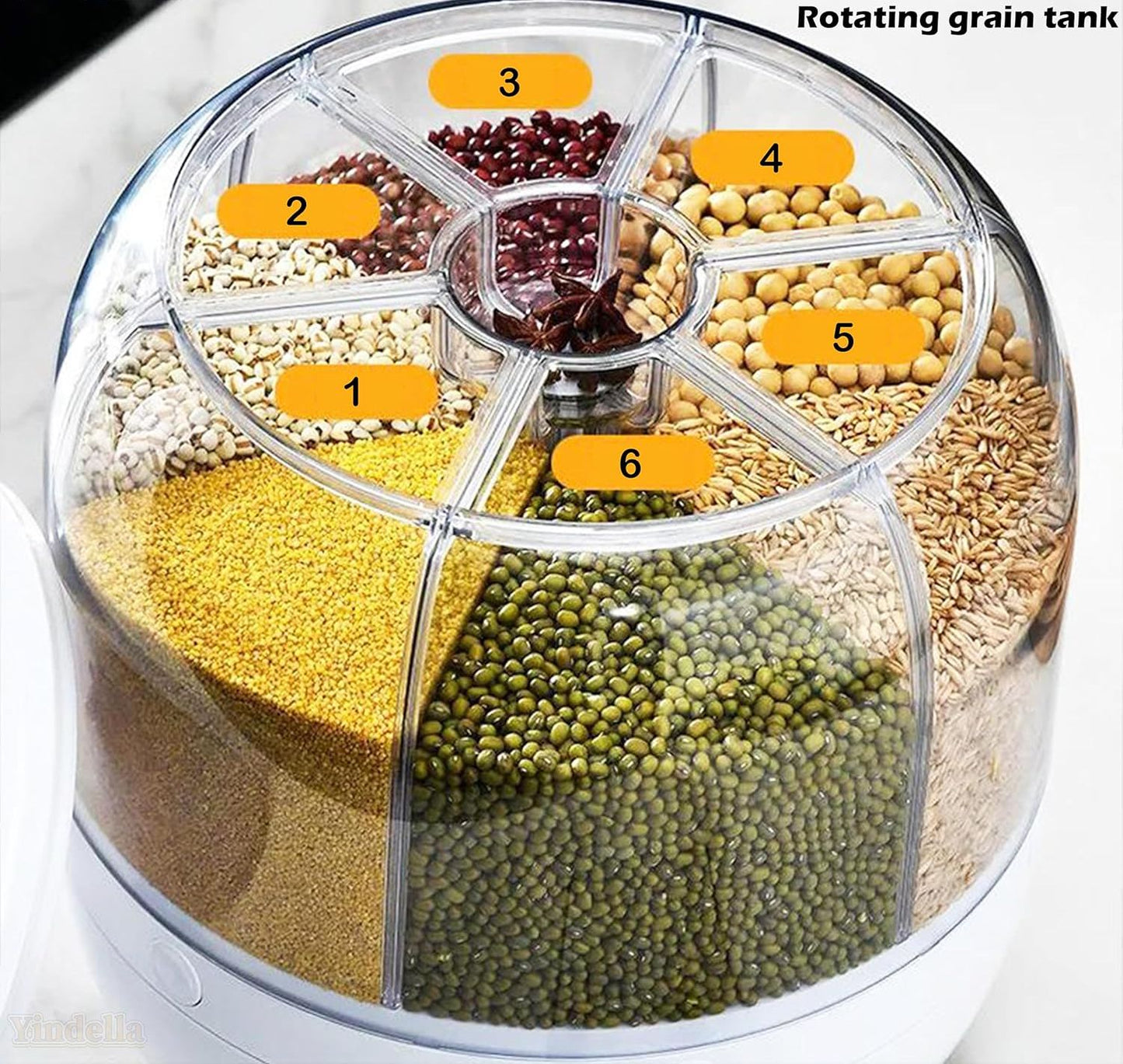 6-Grid Rotating Dry Food Storage Container – Multi-Compartment Grain, Rice & Cereal Dispenser for Kitchen Countertop (Round, Space-Saving Design)