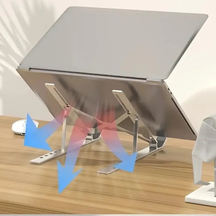 Aluminium Laptop Stand Silver & Black With Detachable Single & Dual Fan Stand For Laptop - 7 Gear To Adjust Height & Anti Slip Rubber Grip - Full Metal Body Adjustable Portable And Foldable Laptop Stand