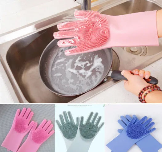 Pair of Reusable Magic Dishwashing Gloves with Built-in Scrubber – Premium Silicone Cleaning Gloves for Washing Dishes, Car, Kitchen, Bathroom – Multipurpose Scrub Gloves for Deep Cleaning – Durable ( Random colors)