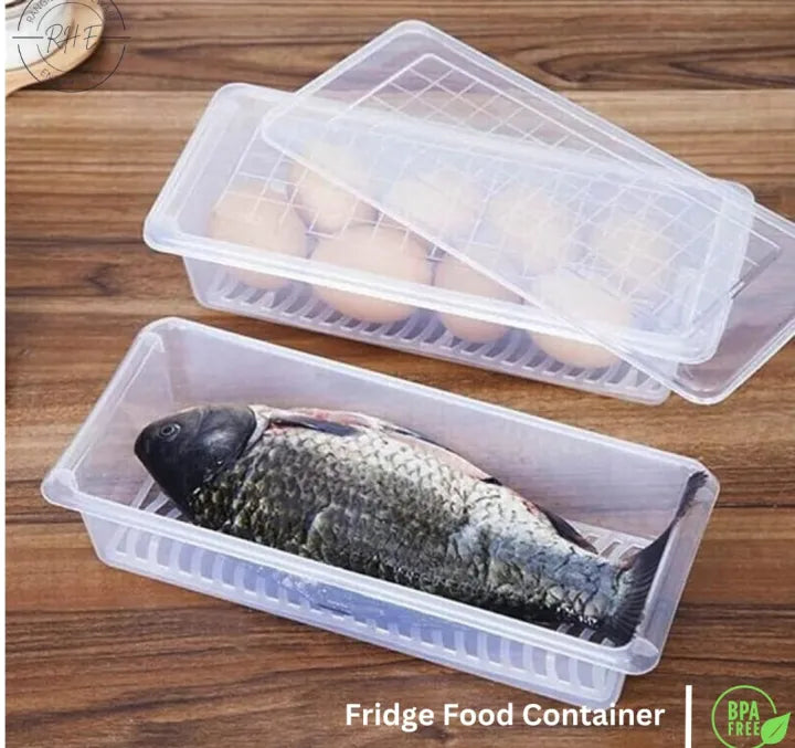 Fridge Food Storage Container Organiser with Removable Drain Tray for Fresh Fruits, Vegetables, Meat & Fish, BPA-Free Plastic