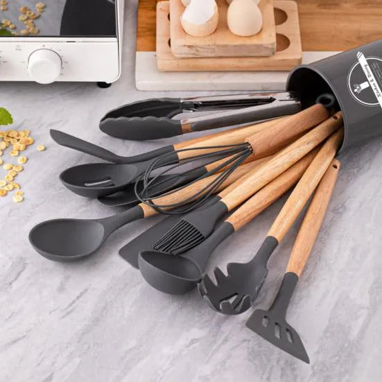 Wooden Handle Premium quality luxury Non-stick silicon spoon 12Pcs/Set Wooden Handle Silicone Kitchen Utensils With Storage Bucket High