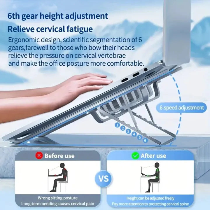 Aluminium Laptop Stand Silver & Black With Detachable Single & Dual Fan Stand For Laptop - 7 Gear To Adjust Height & Anti Slip Rubber Grip - Full Metal Body Adjustable Portable And Foldable Laptop Stand