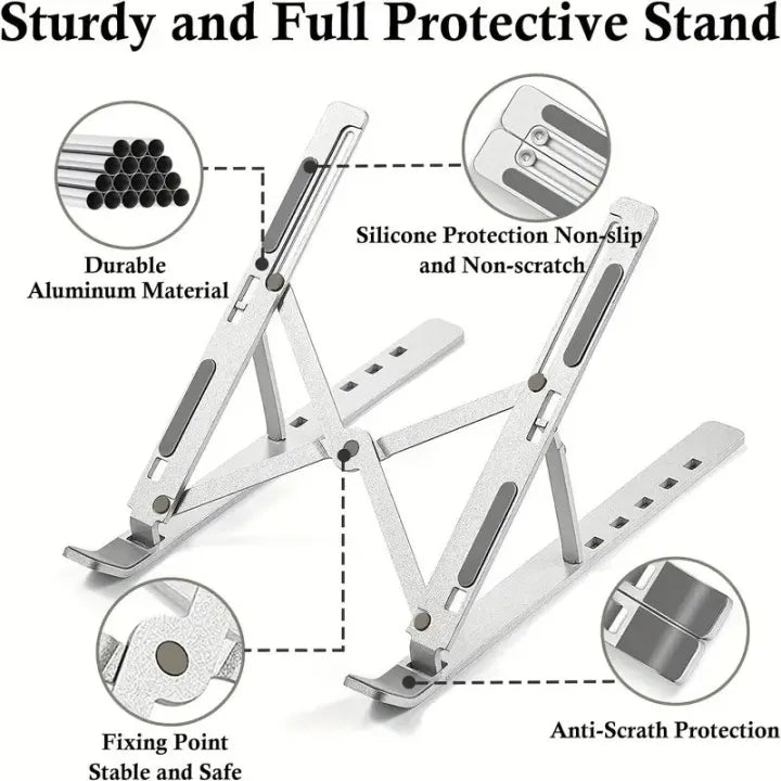 Aluminium Laptop Stand Silver & Black With Detachable Single & Dual Fan Stand For Laptop - 7 Gear To Adjust Height & Anti Slip Rubber Grip - Full Metal Body Adjustable Portable And Foldable Laptop Stand